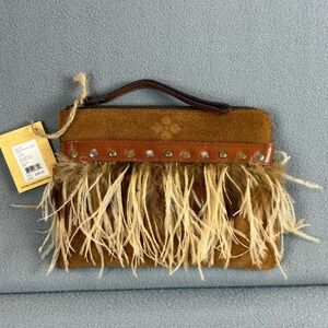 Patricia Nash Suede Clutch Wristlet Brown‎ Spring Boho Suede Cassini Feather Tan